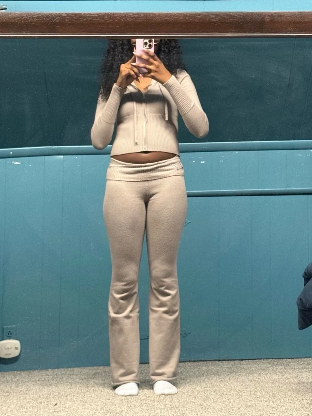 Ribbed Knit High-Waist Pants — Oatmeal
